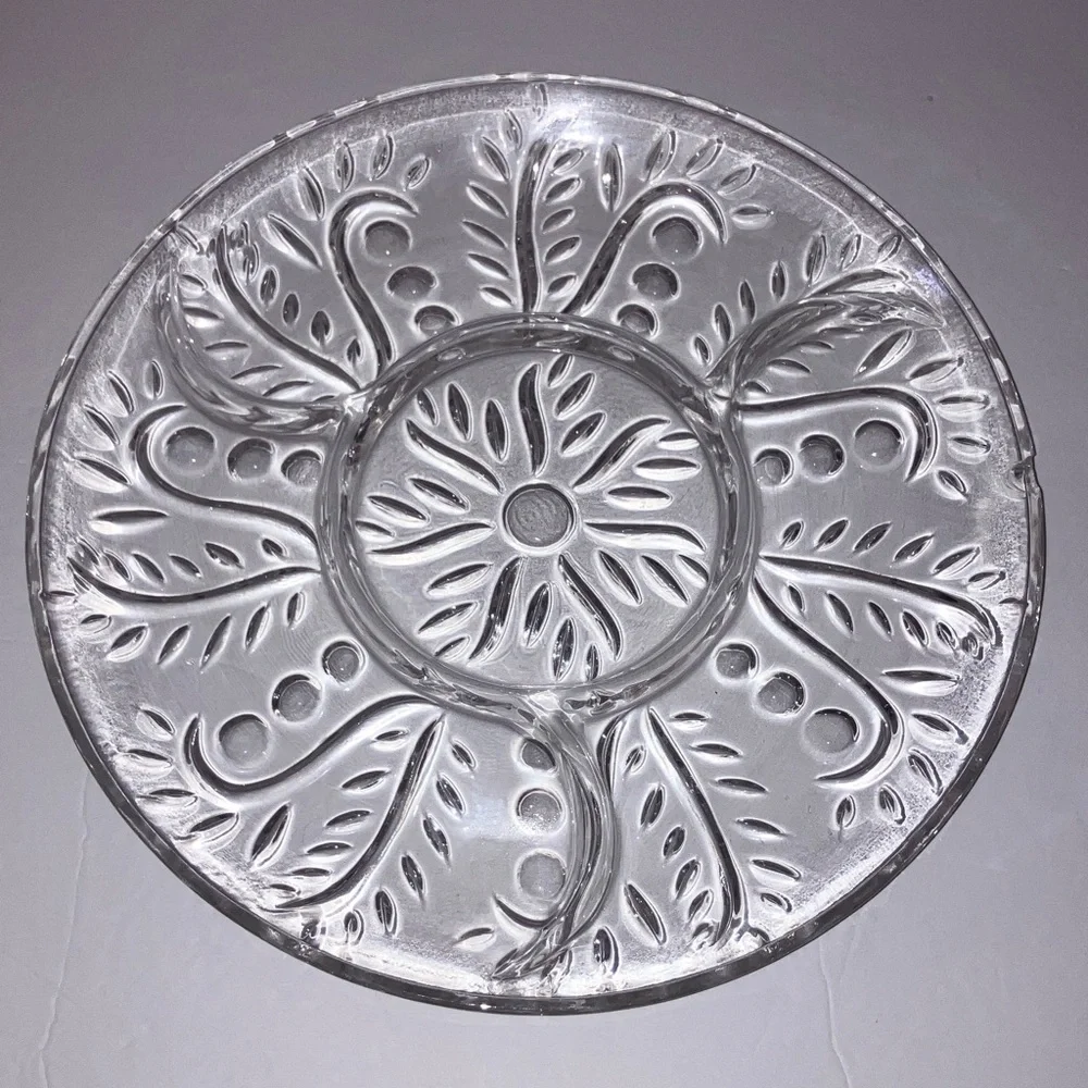 Clear Glass Decorative Relish Tray and Silver Serving Tray 11”